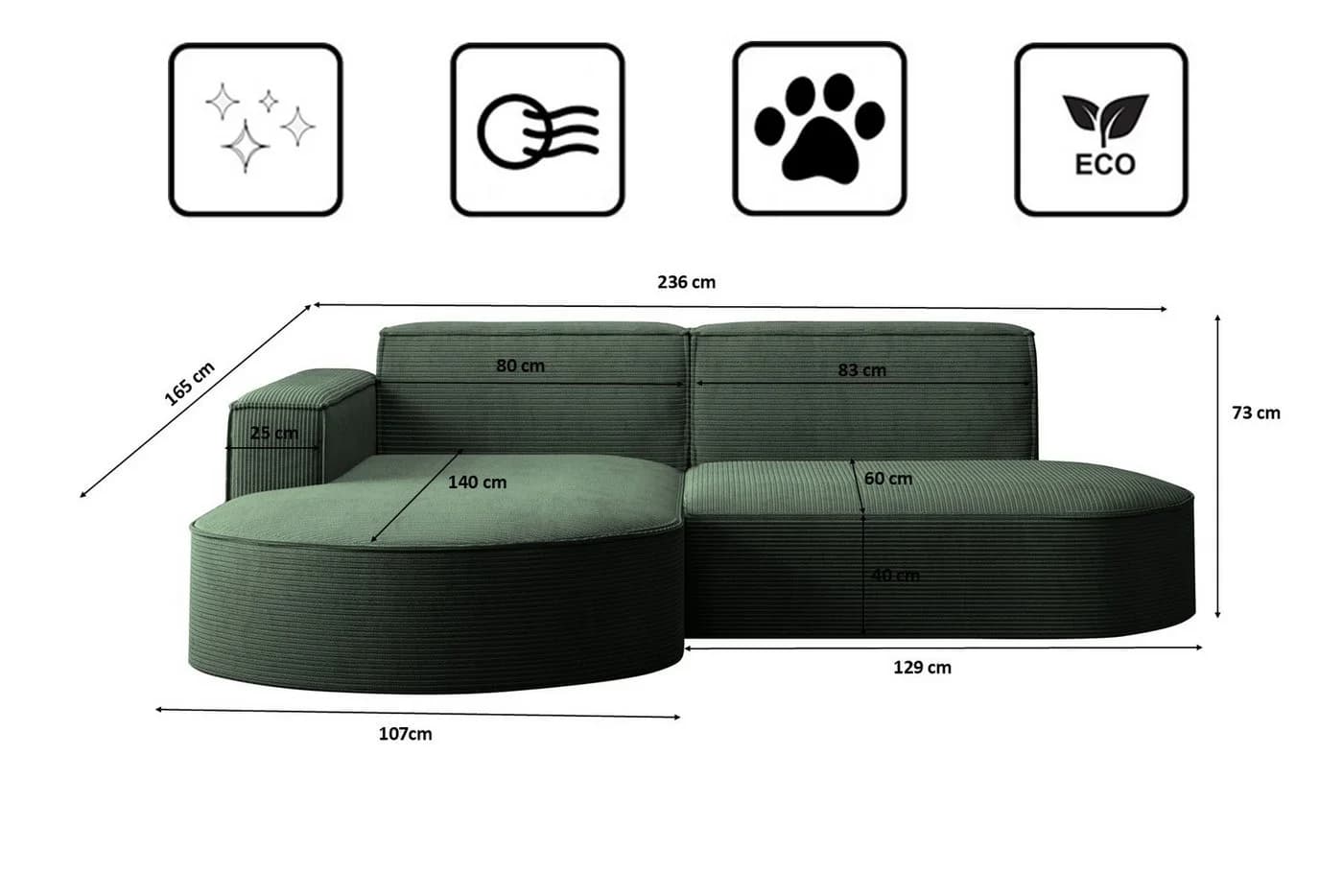 Kaiser Möbel Ecksofa MODENA STUDIO L-Form Cord Dunkelgrün - Bild 3