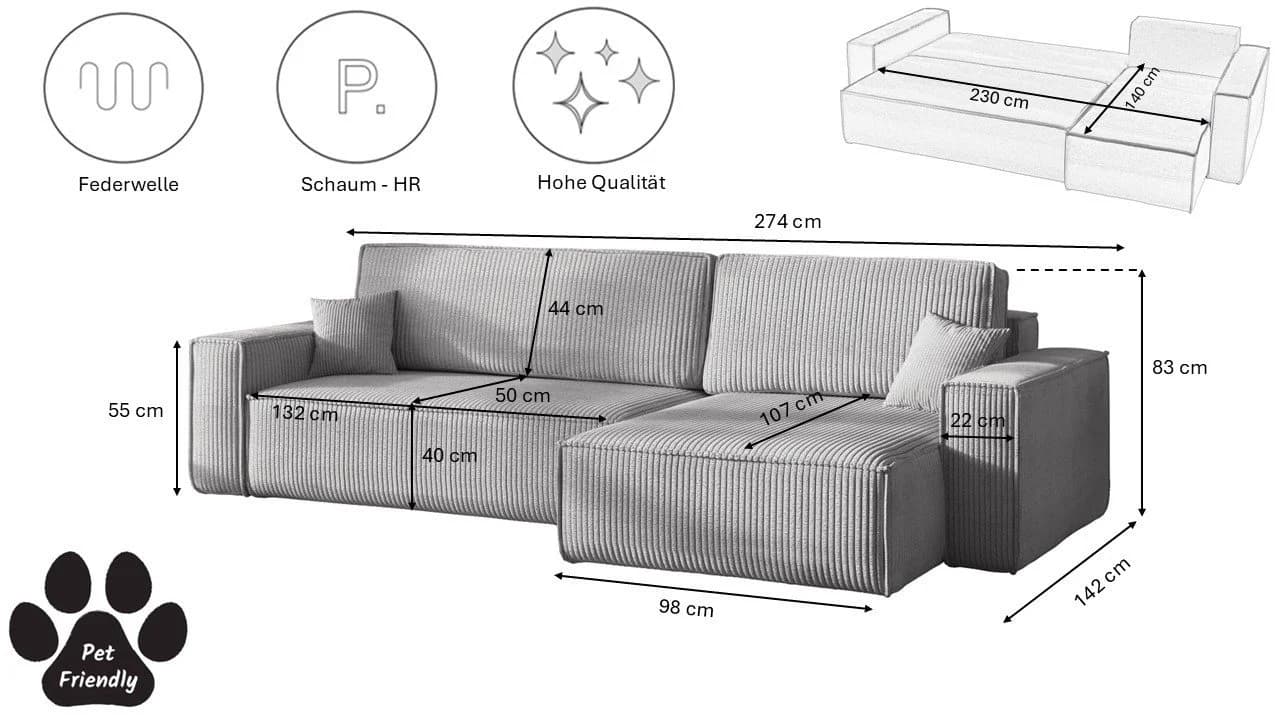 Kaiser Möbel Ecksofa BEST XL mit Schlaffunktion und Bettkasten, Grau, Stoff Poso - Bild 3