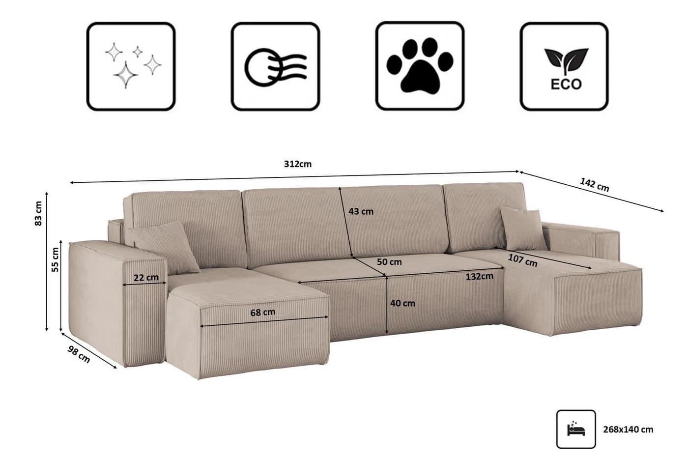 Kaiser Möbel Ecksofa U-Form BEST Cord Dunkelbeige mit Schlaffunktion - Bild 3