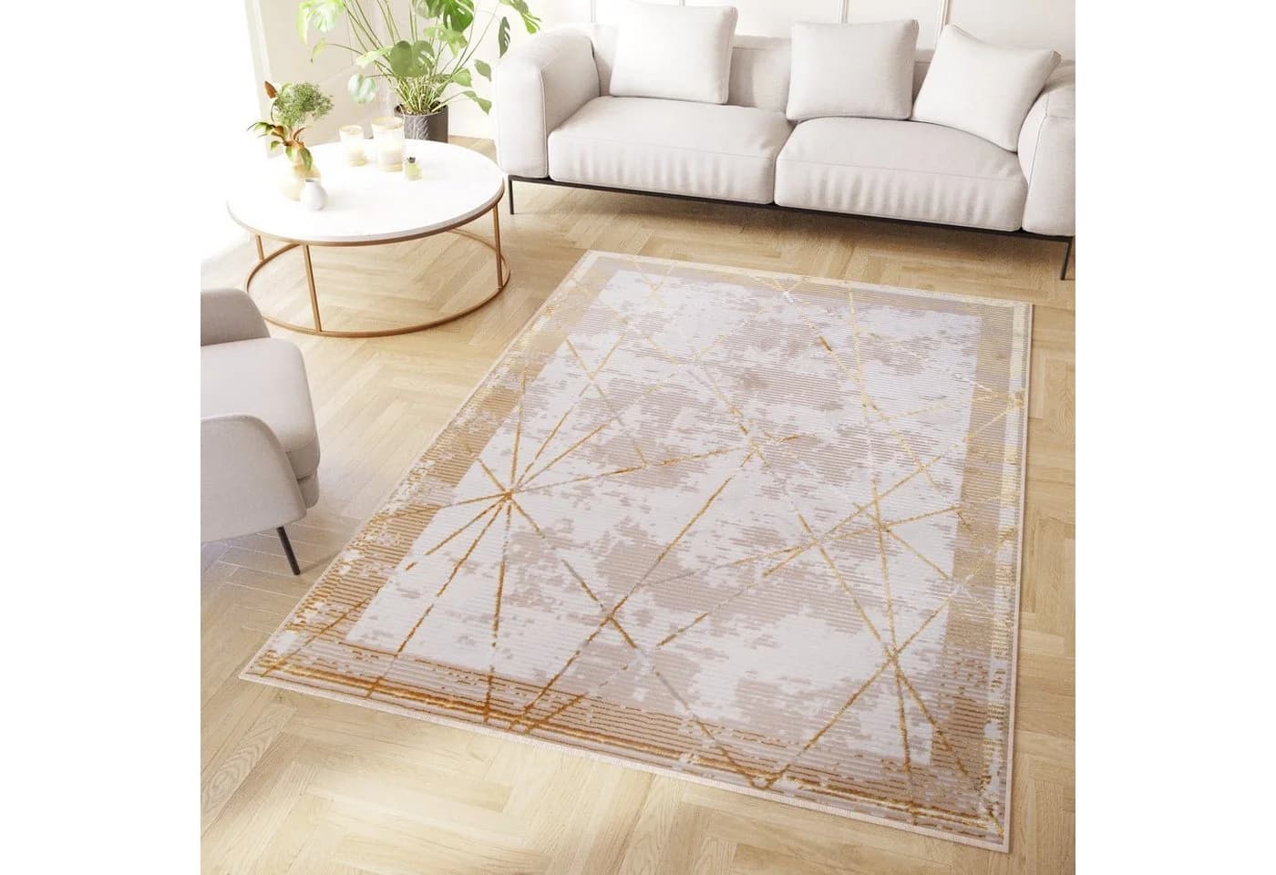 Tapiso Designteppich CRYSTAL Beige/Gold Kurzflor mit Schimmereffekt