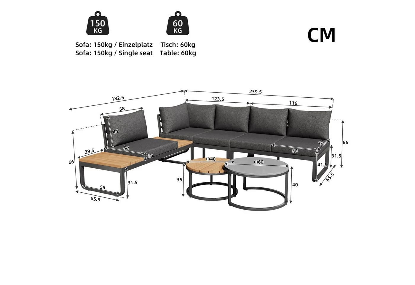 Celya Gartenlounge-Set 4-5 Sitze Grau mit verstellbaren Beinen