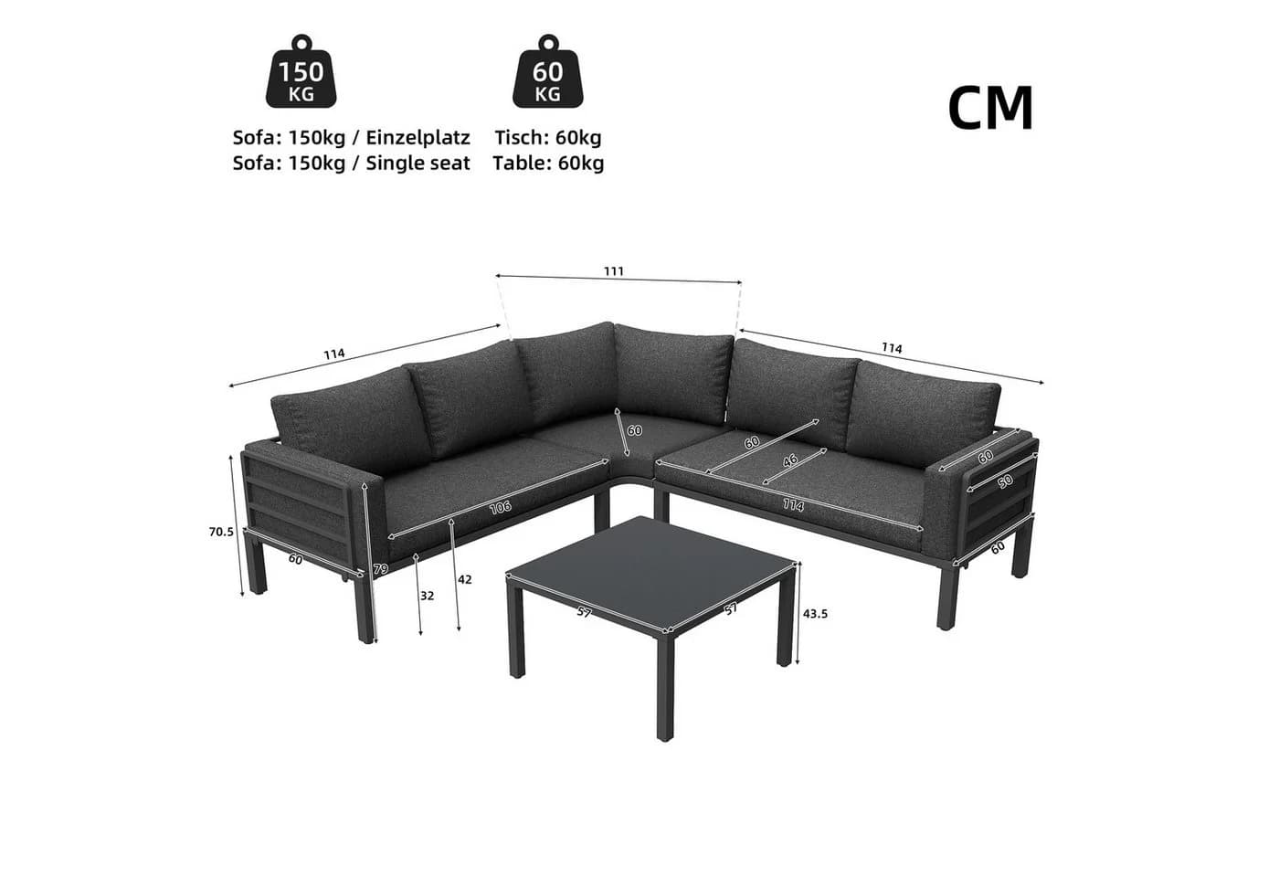 Celya Gartenlounge-Set 4-5 Sitzer Grau mit Couchtisch