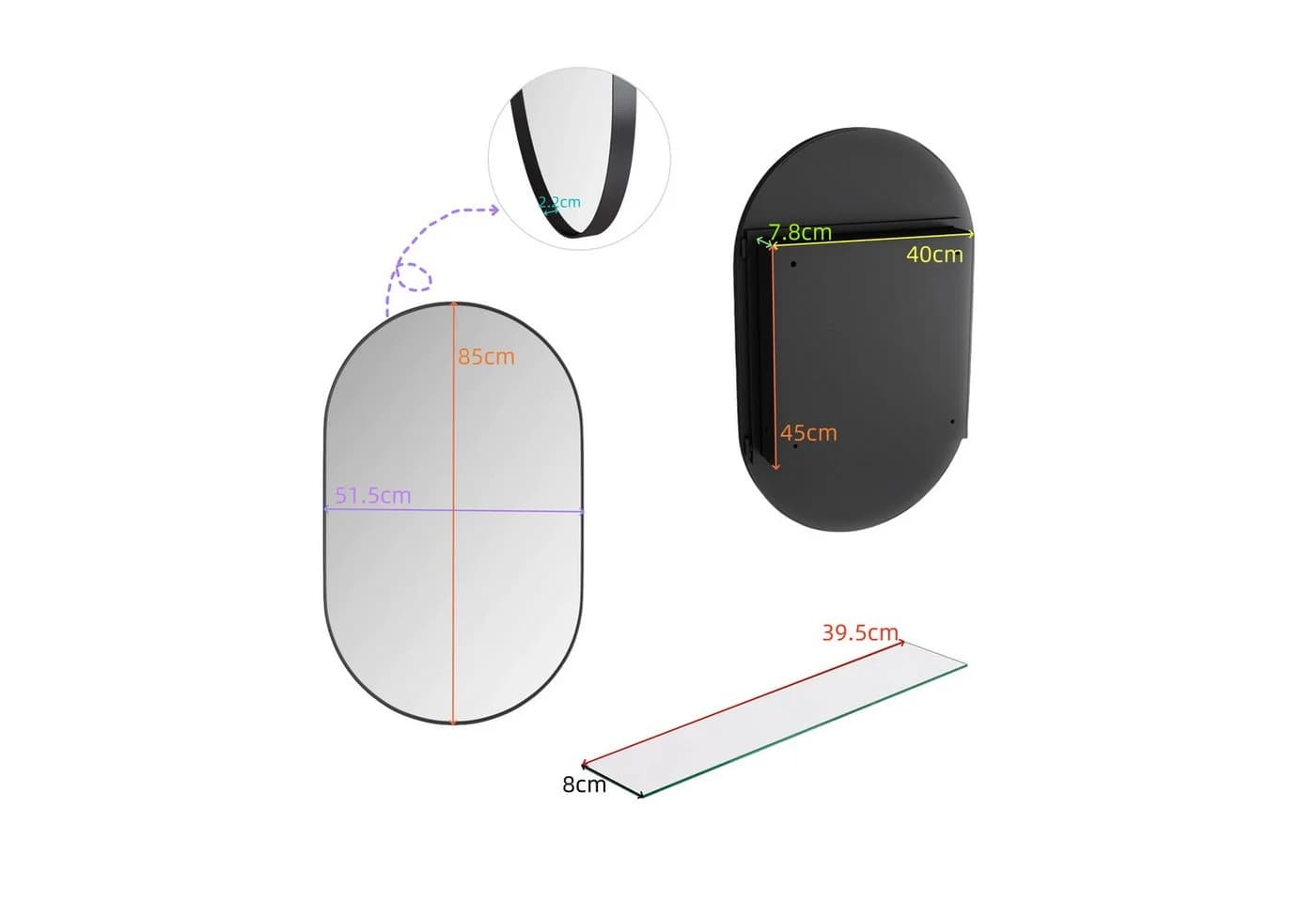 Celya Badezimmerspiegelschrank Schwarz Metallrahmen Oval