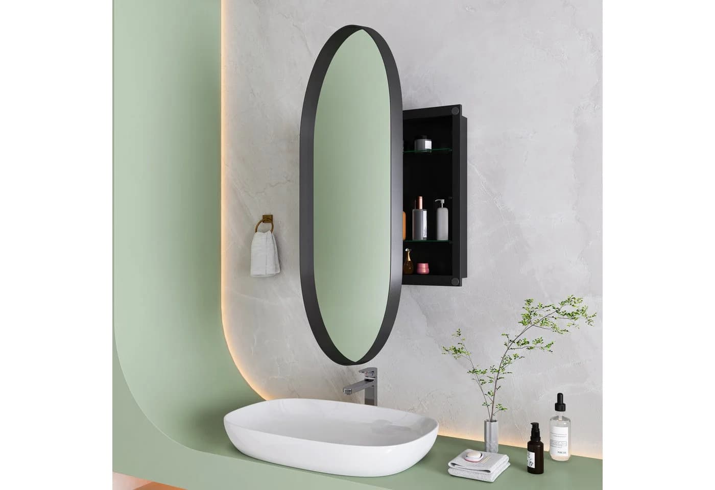 Celya Badezimmerspiegelschrank Schwarz Metallrahmen Oval - Bild 5