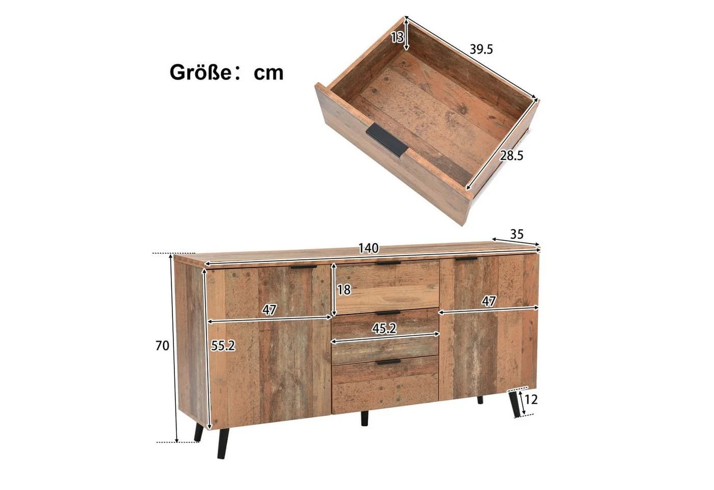 Celya Sideboard TV-Schrank Vintage Braun mit Schubladen