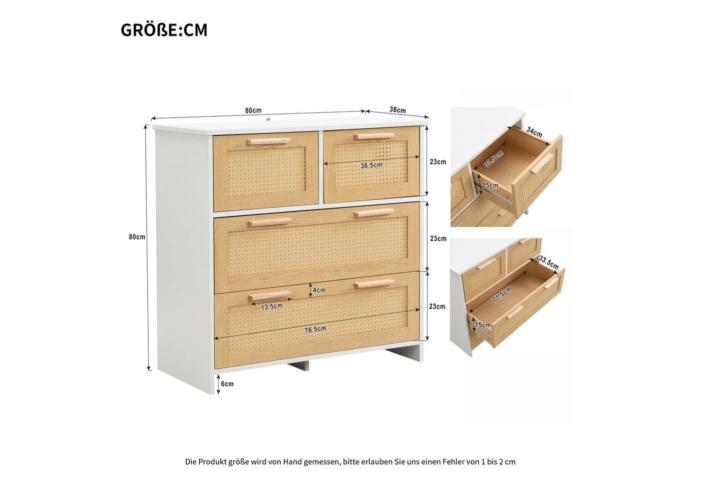 Celya Sideboard 4-Schubladen-Rattanschrank Massivholzgriffe