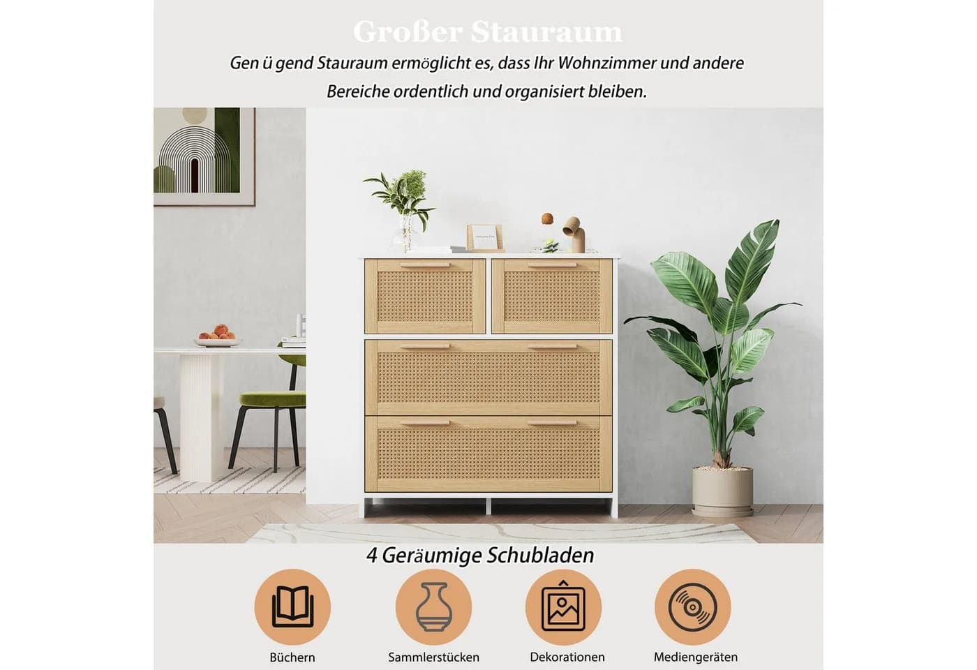 Celya Sideboard 4-Schubladen-Rattanschrank Massivholzgriffe - Bild 3