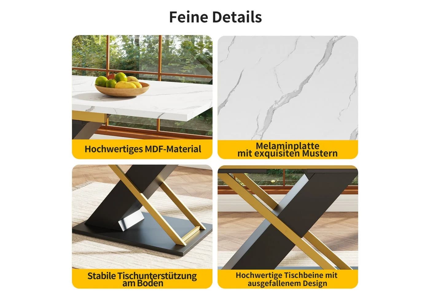 Celya Esstisch Teleskoptisch MDF Tischplatte Marmoroptik Goldene Kreuzbeine 120-160x80cm - Bild 4
