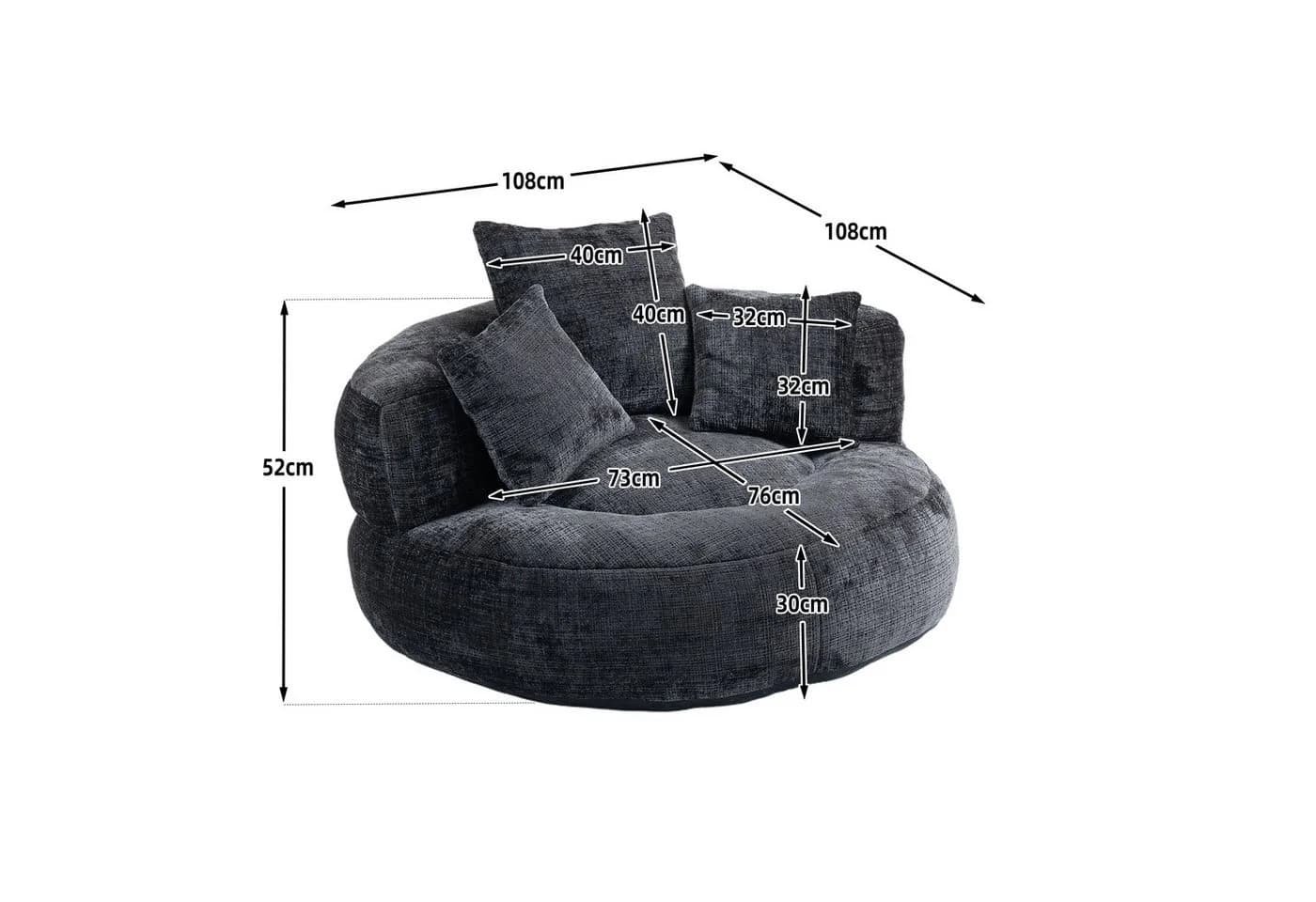 Celya Sitzsack Lazy Sofa Schwarz mit 3 Kissen