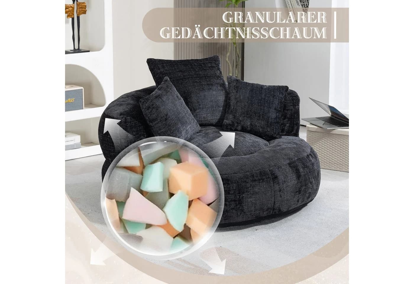 Celya Sitzsack Lazy Sofa Schwarz mit 3 Kissen - Bild 3