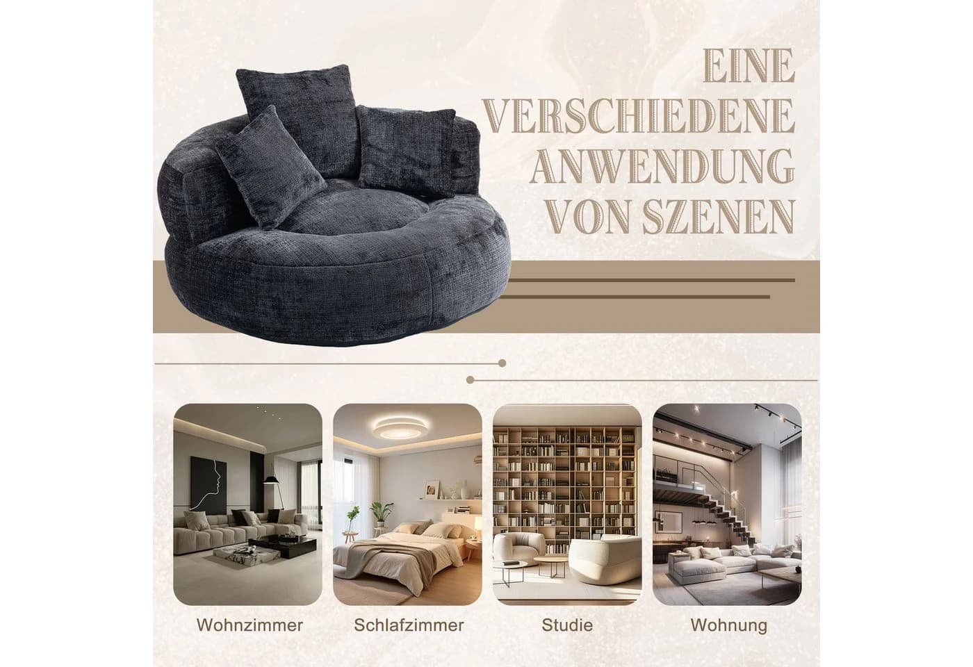 Celya Sitzsack Lazy Sofa Schwarz mit 3 Kissen - Bild 4
