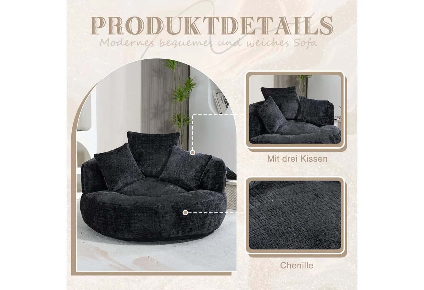 Celya Sitzsack Lazy Sofa Schwarz mit 3 Kissen - Bild 5