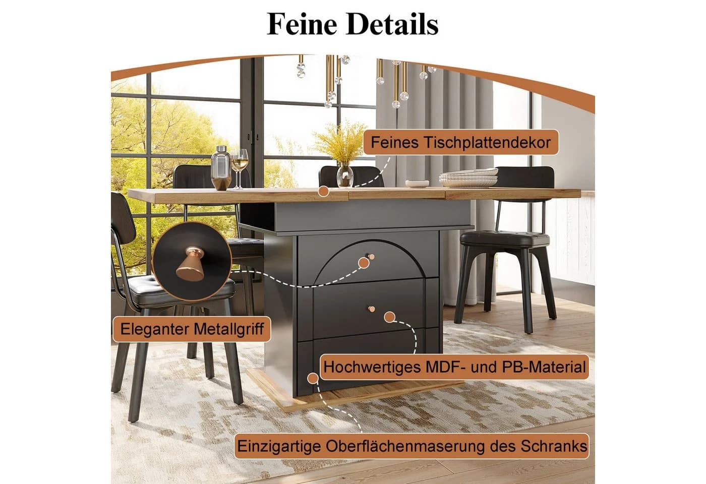 Celya Ausziehtisch Schwarz Multifunktional mit Fächern - Bild 4