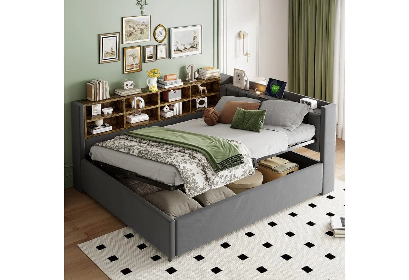 Celya Schlafsofa 140x200 cm mit Stauraum, USB-Anschluss & Nachtlicht Grau Samt - Bild 2