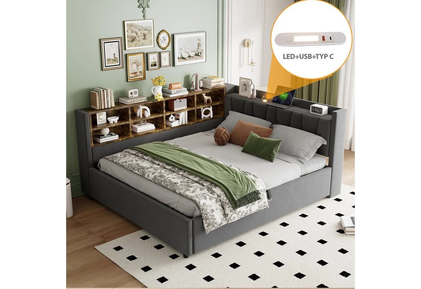 Celya Schlafsofa 140x200 cm mit Stauraum, USB-Anschluss & Nachtlicht Grau Samt - Bild 3