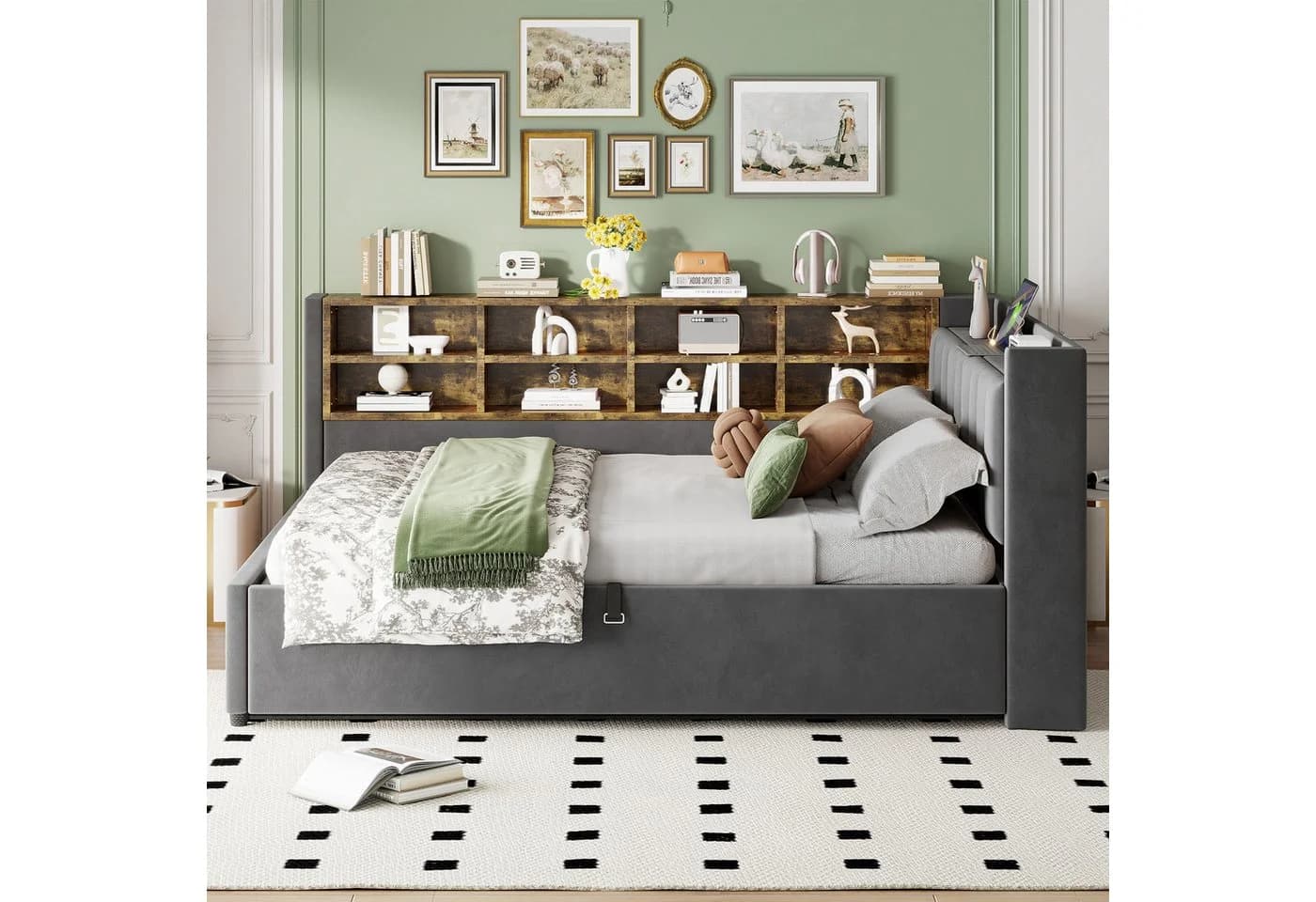 Celya Schlafsofa 140x200 cm mit Stauraum, USB-Anschluss & Nachtlicht Grau Samt - Bild 4