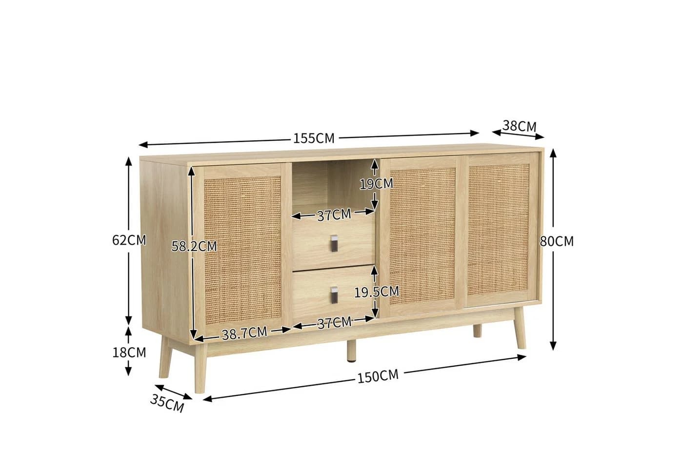Celya Sideboard Kombikommode mit 3 Schiebetüren aus echtem Rattan und 2 Schubladen