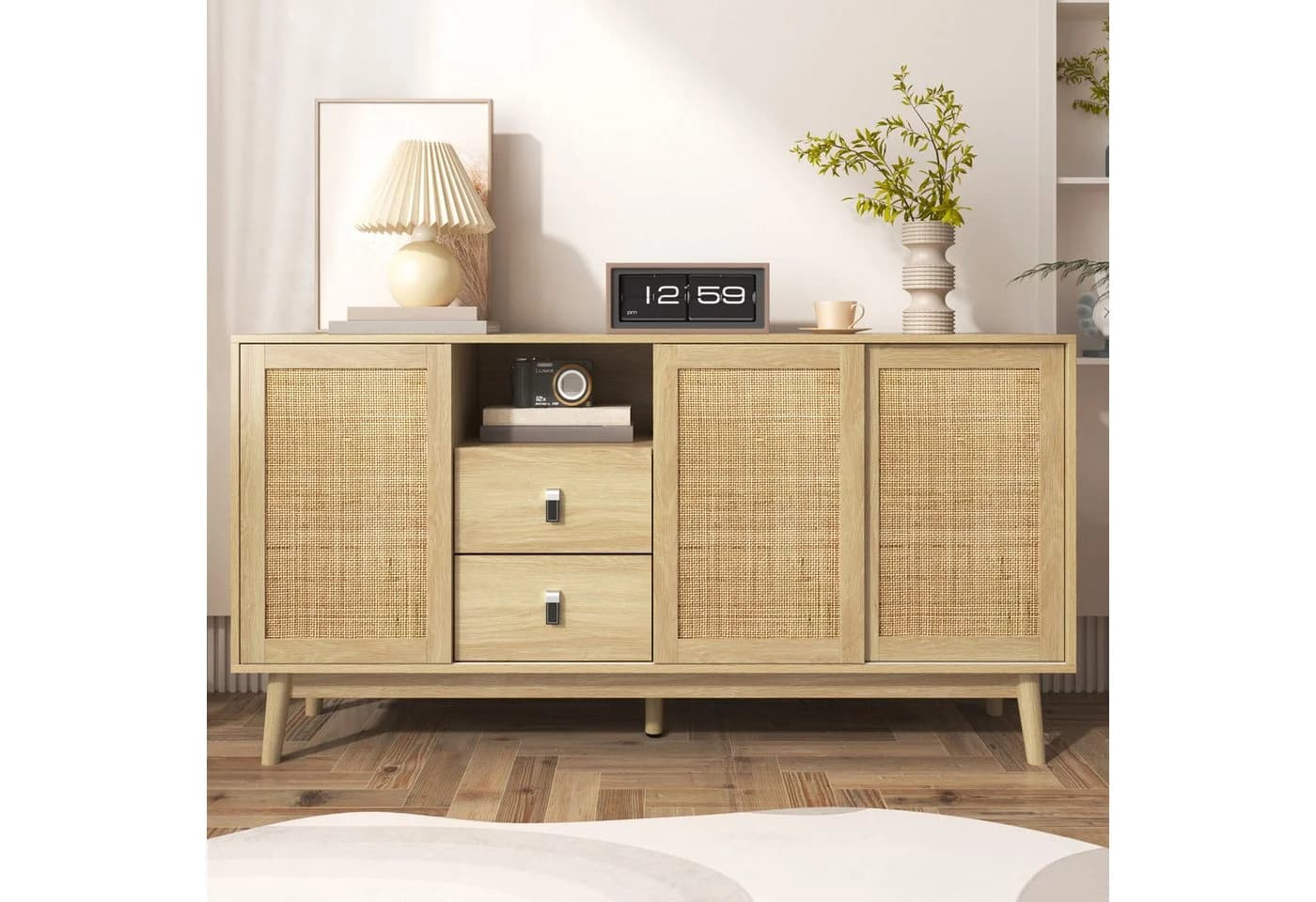 Celya Sideboard Kombikommode mit 3 Schiebetüren aus echtem Rattan und 2 Schubladen - Bild 2