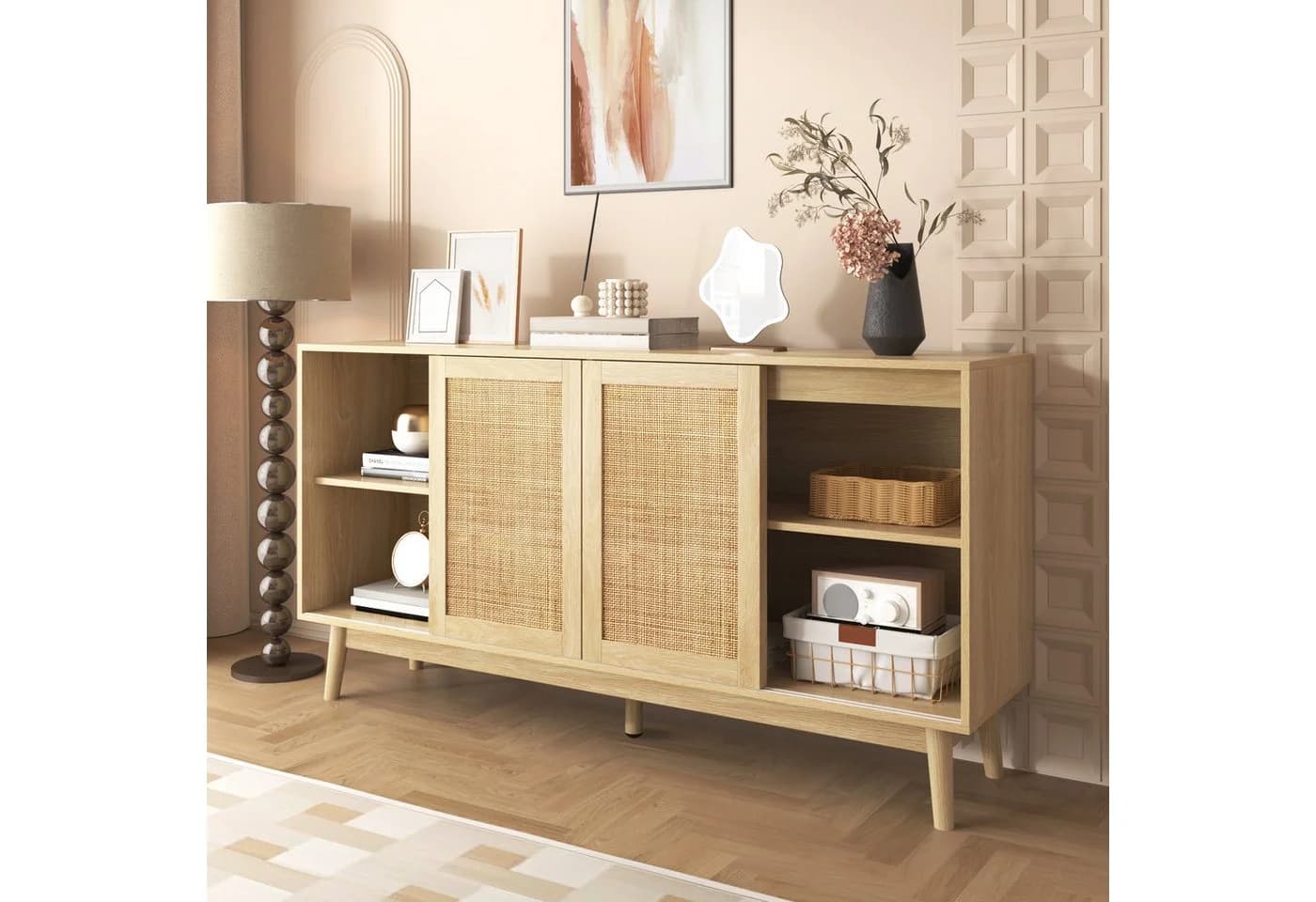 Celya Sideboard Kombikommode mit 3 Schiebetüren aus echtem Rattan und 2 Schubladen - Bild 3