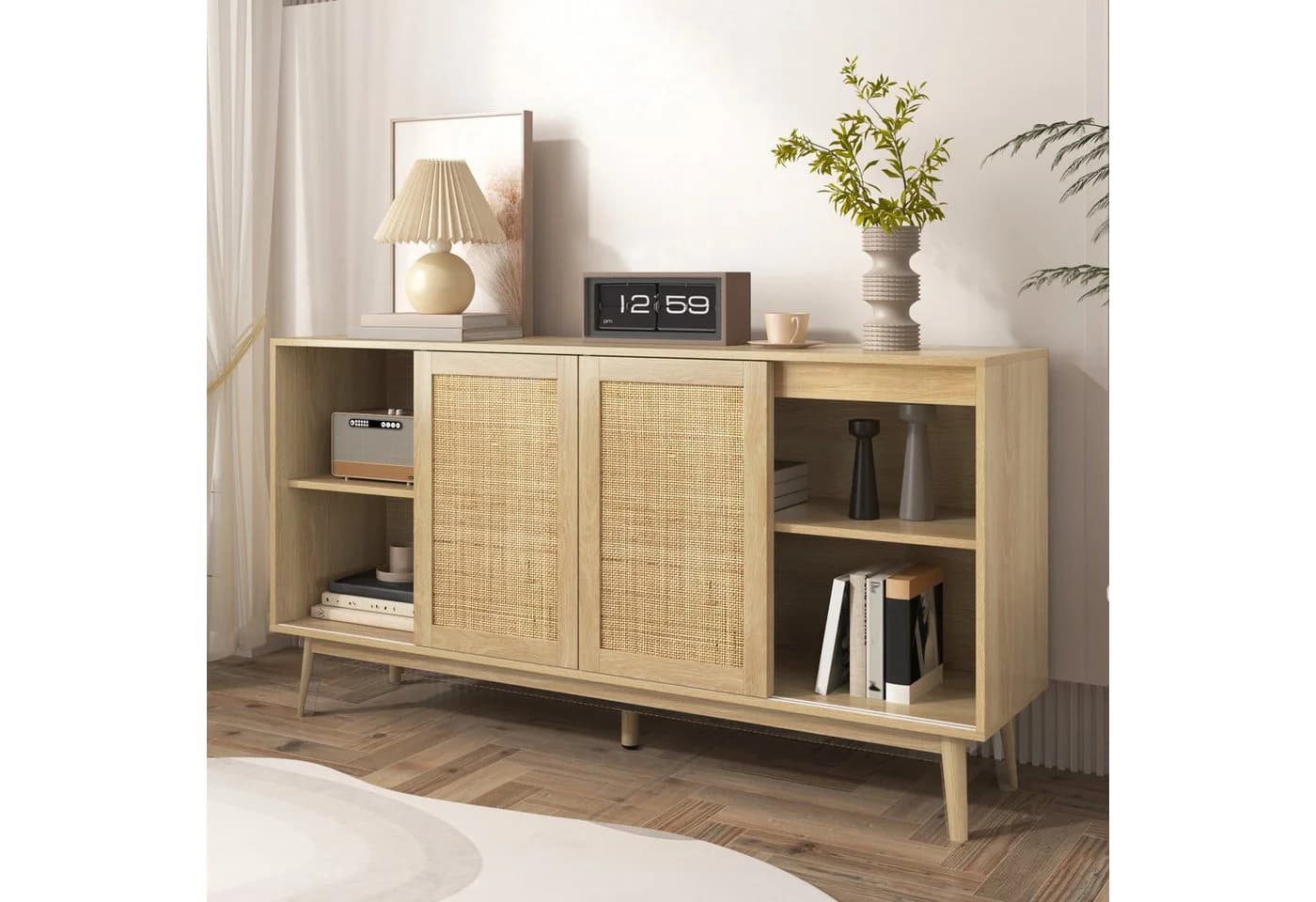 Celya Sideboard Kombikommode mit 3 Schiebetüren aus echtem Rattan und 2 Schubladen - Bild 4