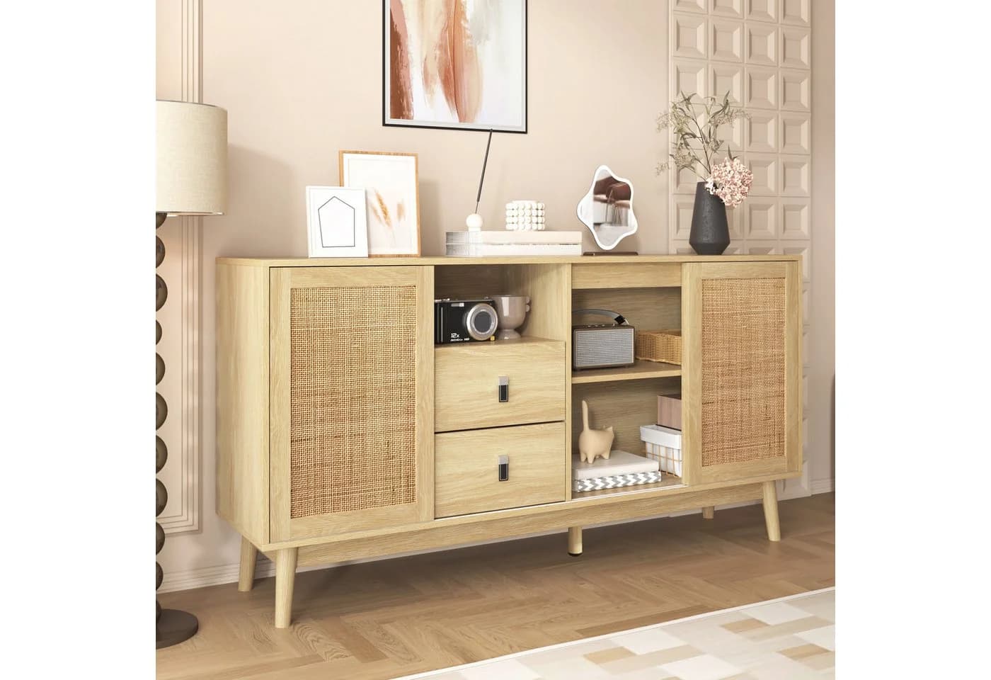 Celya Sideboard Kombikommode mit 3 Schiebetüren aus echtem Rattan und 2 Schubladen - Bild 5