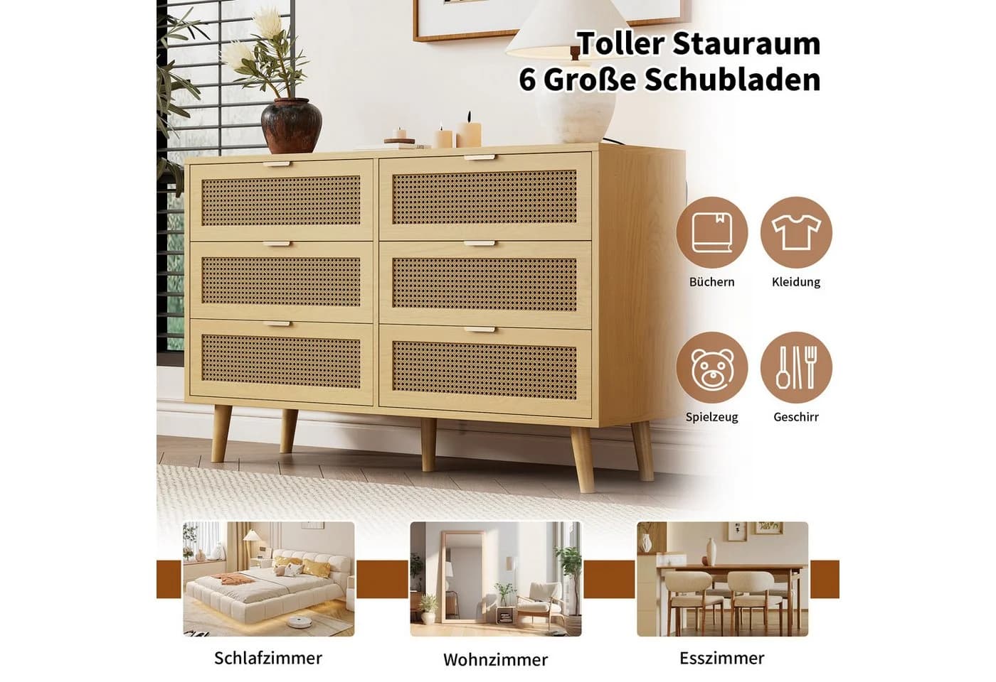 Celya Kommode Sideboard 6 Schubladen Walnuss Holz - Bild 3