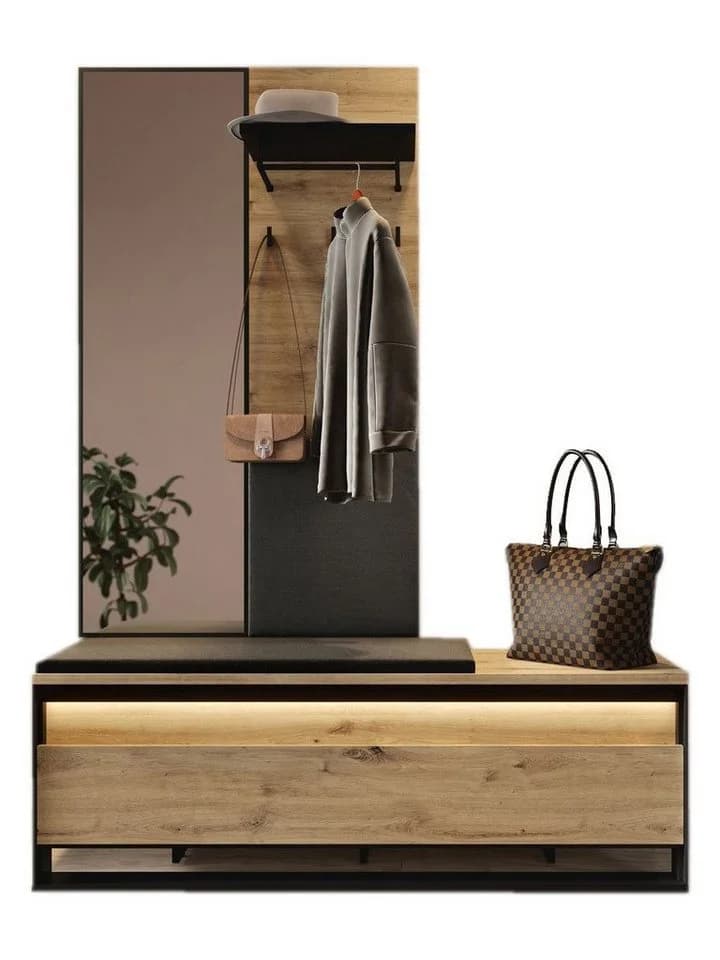 Compleo Garderoben-Set LIMA mit Spiegel und LED-Leiste, Eiche artisan/schwarz