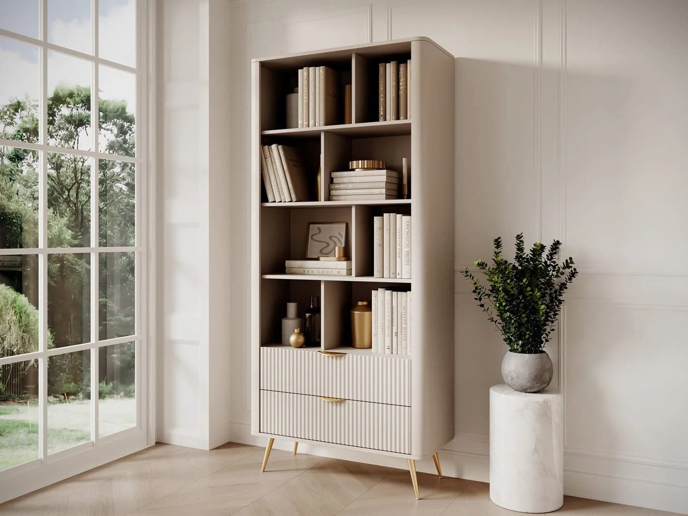 Compleo Bücherregal BELLO Beige Glamour-Stil mit Schubladen