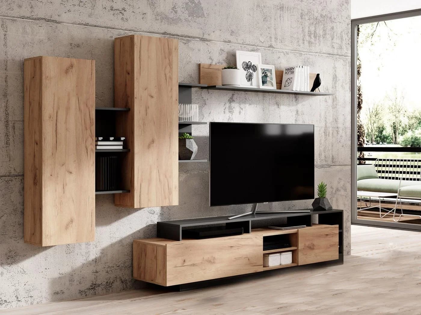 Compleo Wohnwand MONIAS TV-Lowboard 2x Schrank hängend Regal Beige