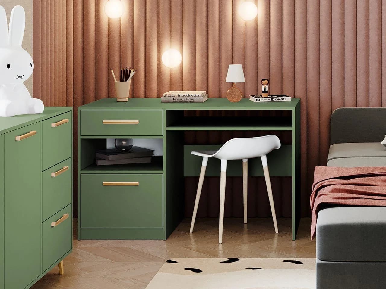 Compleo Schreibtisch ALEX II mit Schublade und Tür, Grün/Gold, Modernes Design