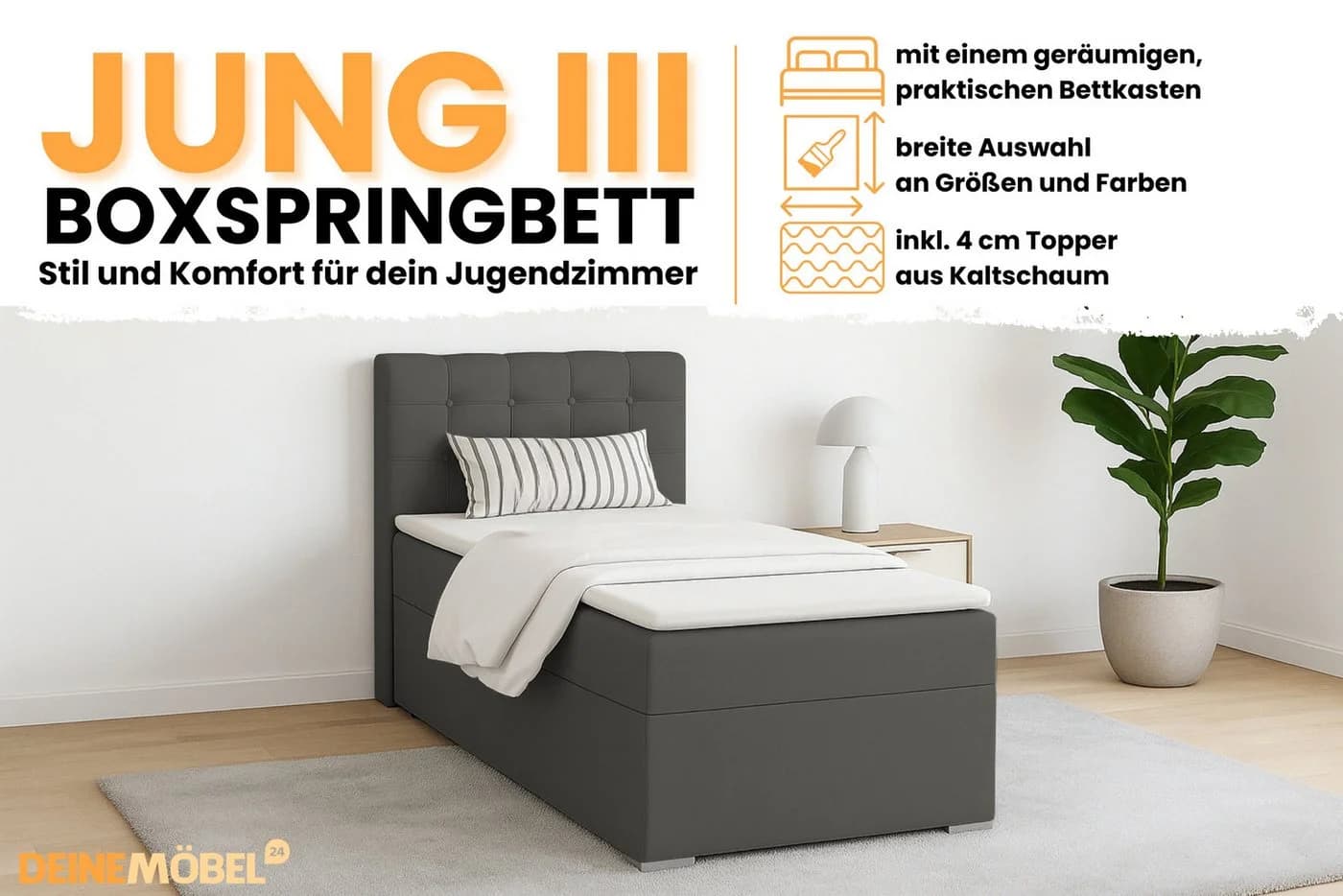 Deine Möbel 24 Boxspringbett JUNG 3 mit Bettkasten & Topper Anthrazit - Bild 3