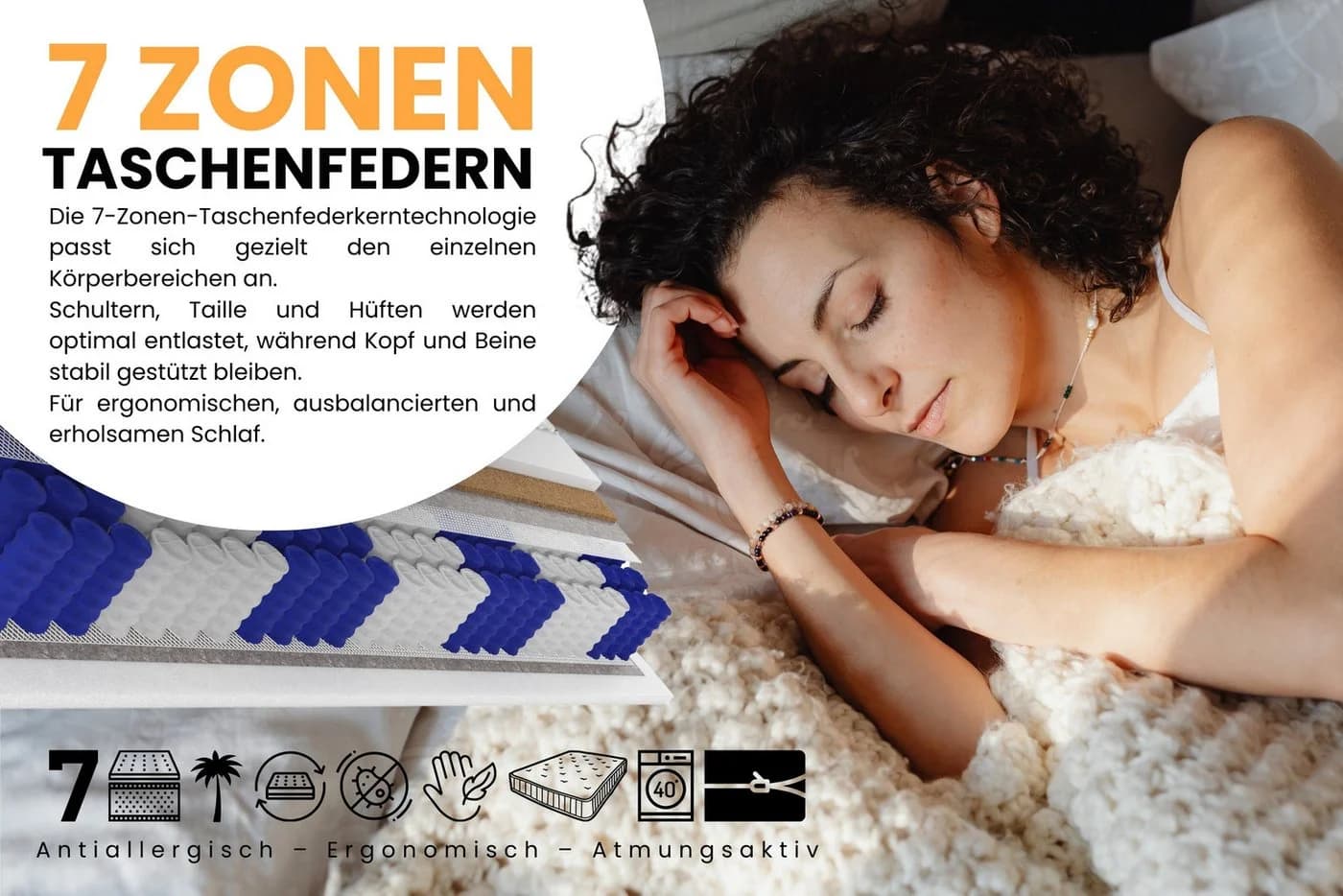 Deine Möbel 24 Taschenfederkernmatratze 7 Zonen H4 Schwarz/Weiß - Bild 3