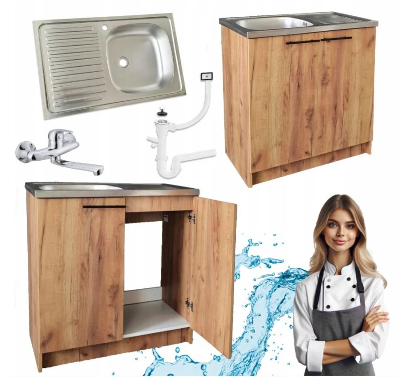 STAMAR Küchenschrank 80cm Goldene Eiche mit Edelstahl-Spüle und Wandarmatur - Bild 2