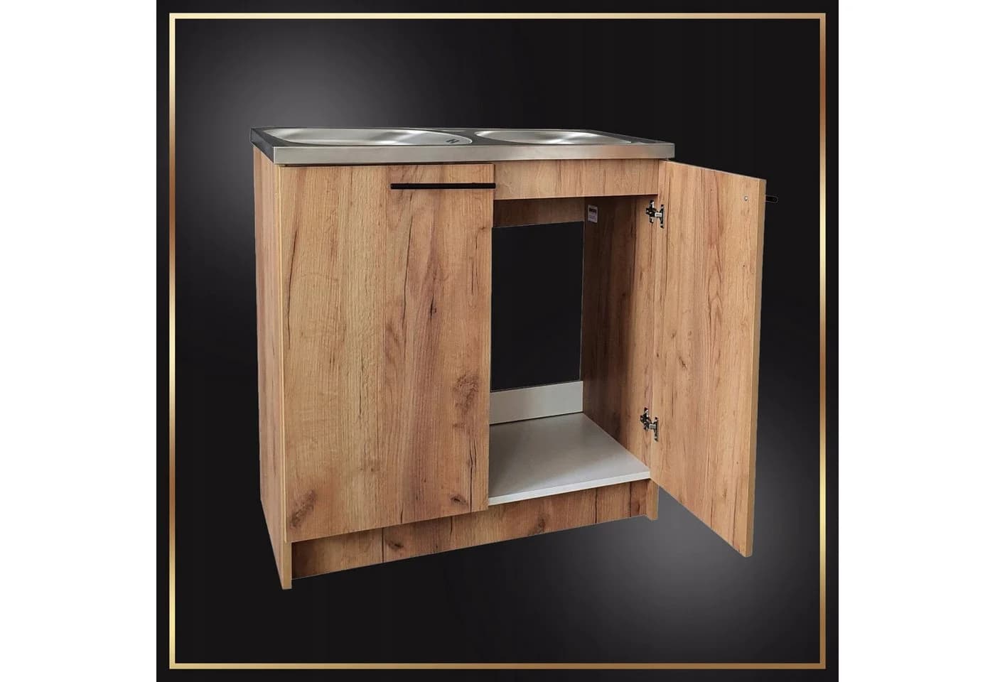 STAMAR Spülenschrank 80cm Goldene Eiche Edelstahl-Doppelspüle