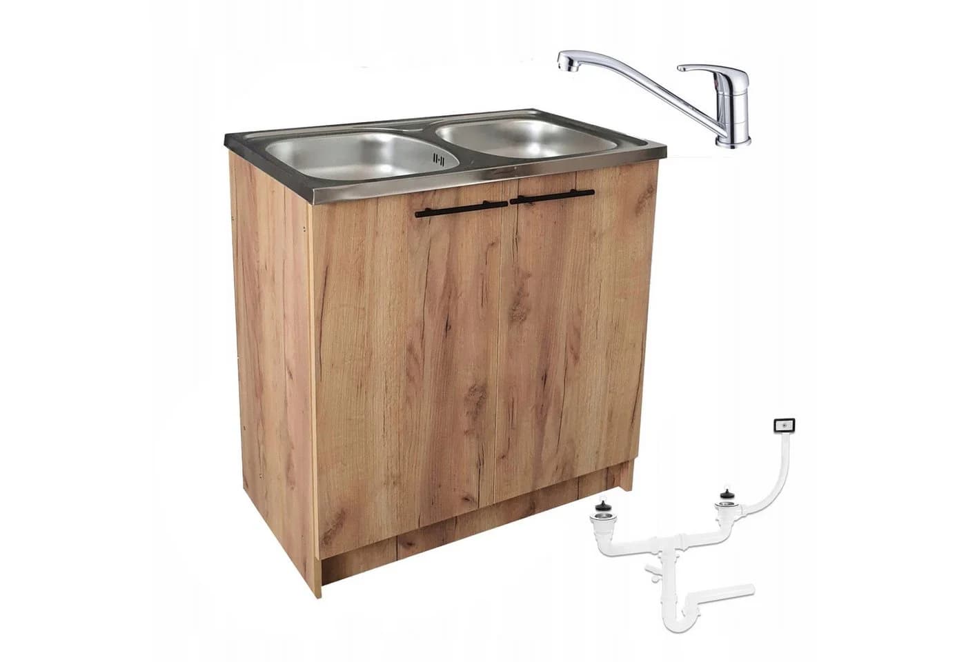 STAMAR Spülenschrank 80cm Goldene Eiche Edelstahl-Doppelspüle - Bild 2