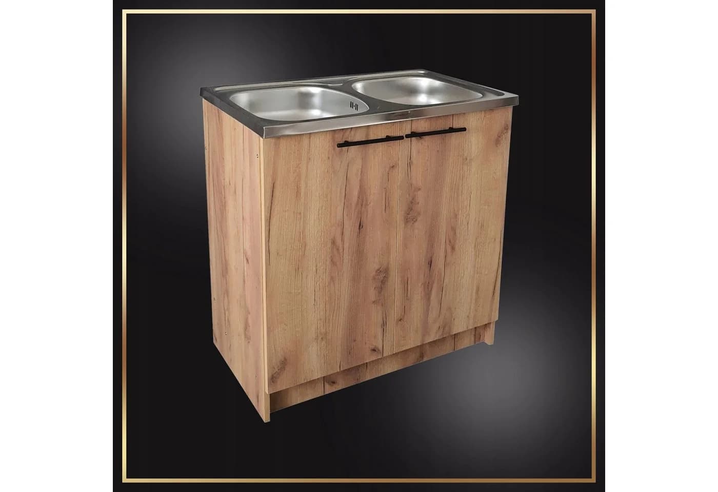 STAMAR Spülenschrank 80cm Goldene Eiche Edelstahl-Doppelspüle - Bild 3