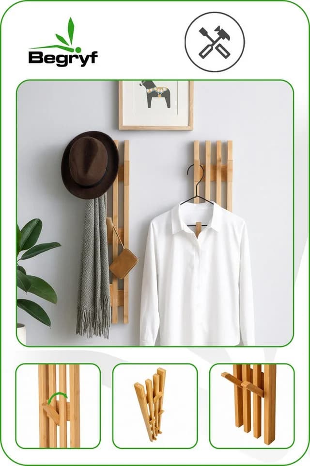 BEGRYF Wandgarderobe Bambus Natur 4 Haken Wandmontage