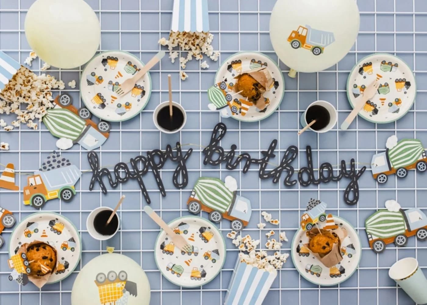 partydeco Happy Birthday Banner Baustellenfahrzeuge