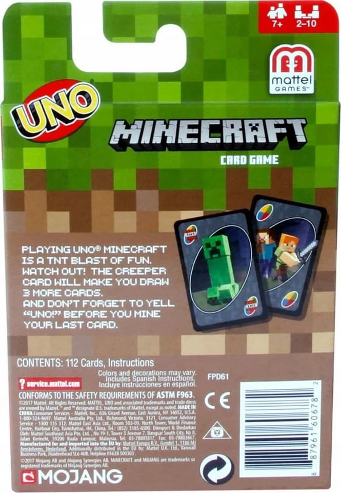 Minecraft UNO Kartenspiel Mattel Familienspiel Kinder Party Spiel