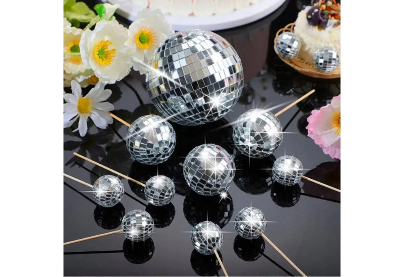 Festivalartikel Tortenstecker 10x Silber Spiegelkugeln Cake Topper