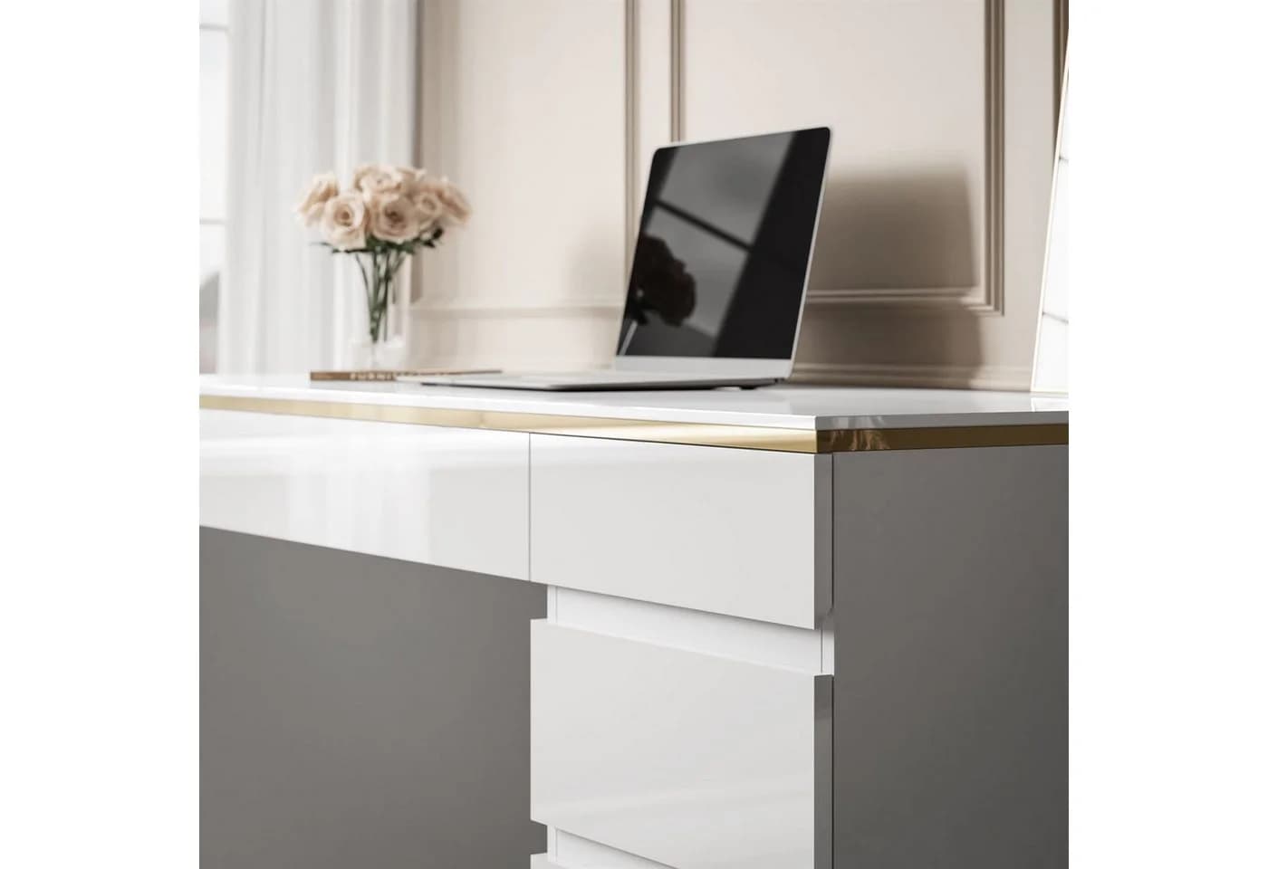 Lookway Schreibtisch AURORA DOUBLE GOLD Weiß Hochglanz mit Schubladen - Bild 4