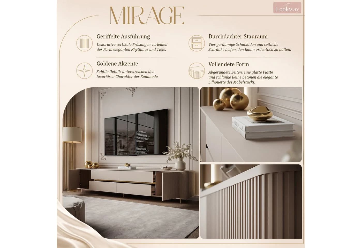 Lookway TV-Schrank MIRAGE GOLD 240 cm Sandbeige mit Push-Open - Bild 4
