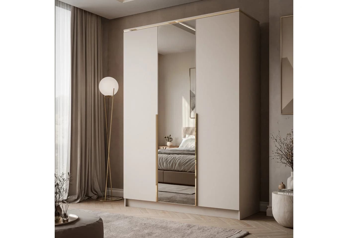 Lookway Kleiderschrank AURORA 3D Kaschmir mit Spiegel und Goldoptik