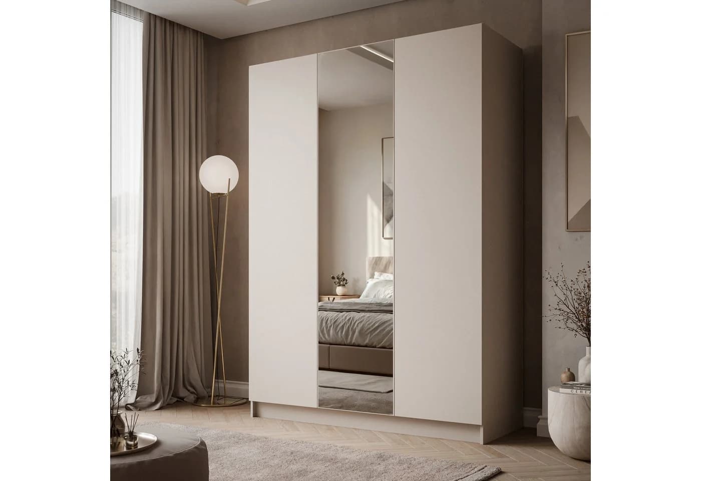 Lookway Kleiderschrank AUREL 3D Beige mit Spiegel und Push-to-Open