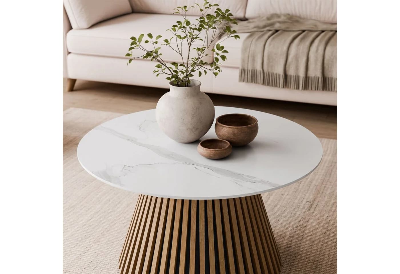 Lookway Couchtisch MISTY mit Lamellenbasis Weißer Marmor - Bild 3