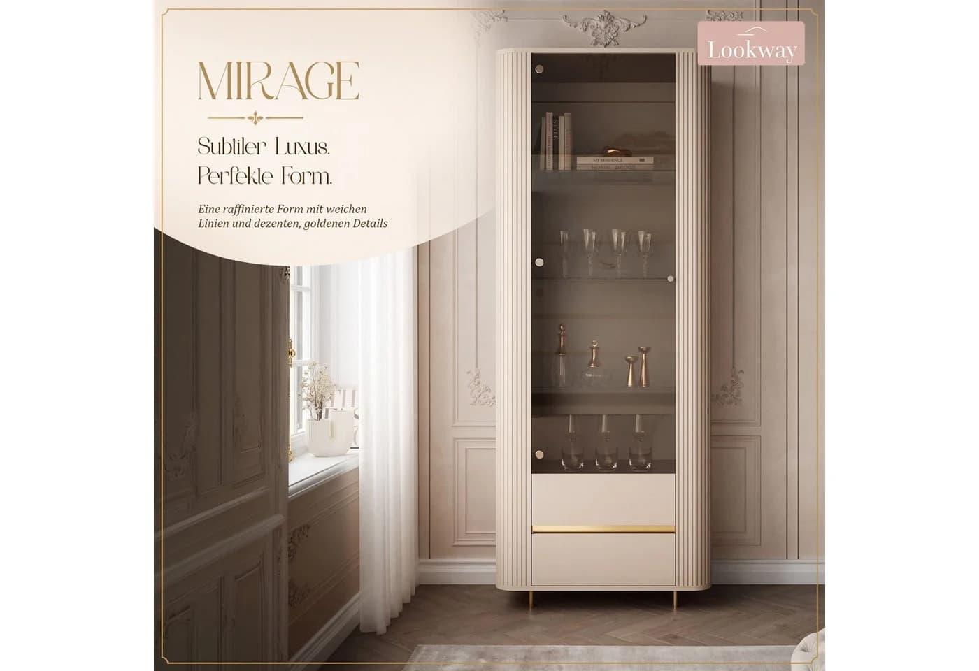 Lookway Glasvitrine MIRAGE GOLD Sandbeige mit LED-Beleuchtung - Bild 3