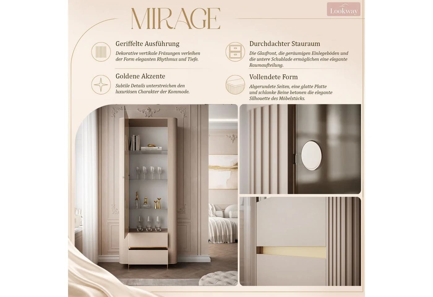 Lookway Glasvitrine MIRAGE GOLD Sandbeige mit LED-Beleuchtung - Bild 4