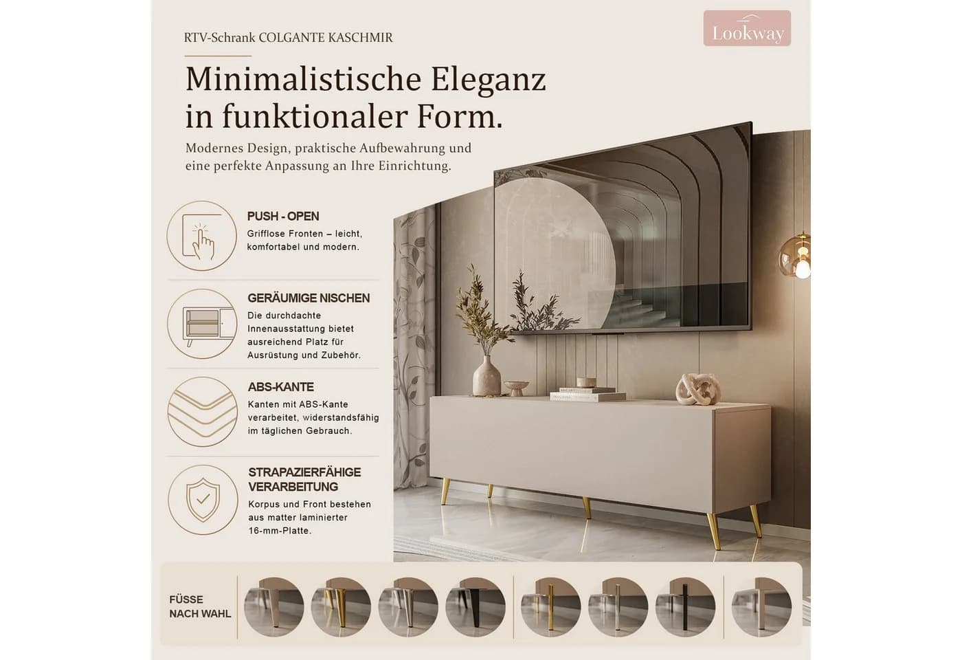 Lookway TV-Schrank COLGANTE 150 cm Kaschmir mit PUSH-OPEN und LED - Bild 3