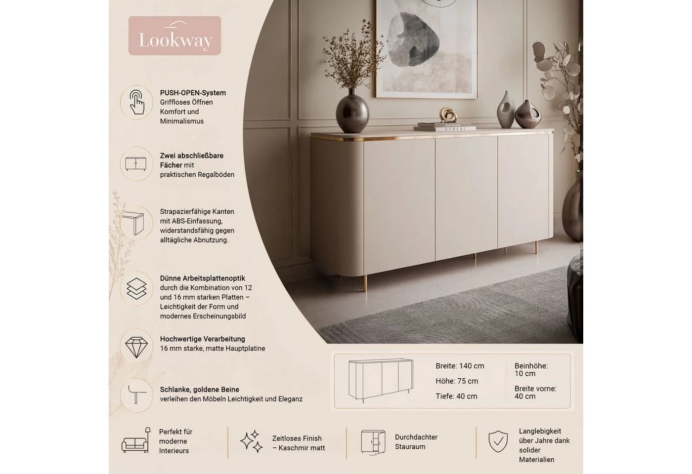 Lookway Kommode AVELINE Beige/Gold PUSH-OPEN LED - Bild 3