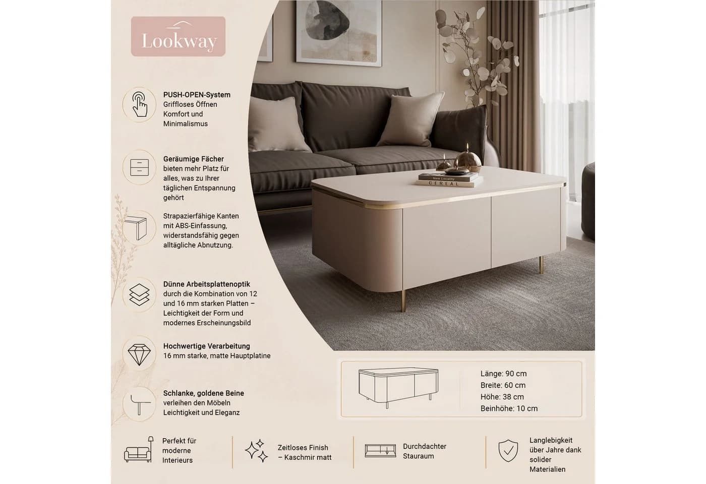 Lookway Couchtisch AVELINE Beine Kaschmir Gold - Bild 3